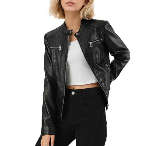 Fermeture éclair et col montant veste moto similicuir femme ajustée