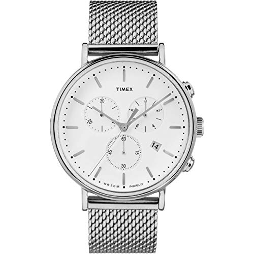 Timex Men's Fairfield Chrono 41mm Watch  Silver-Tone & White with Stainless Steel Mesh Band