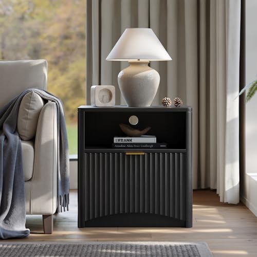 Image of Evermagin Fluted Nightstand with Charging Station, Black Bedside Table with Drawer and Storage, Wood End Table Mid Century Modern, Large Night Stand for Bedroom
