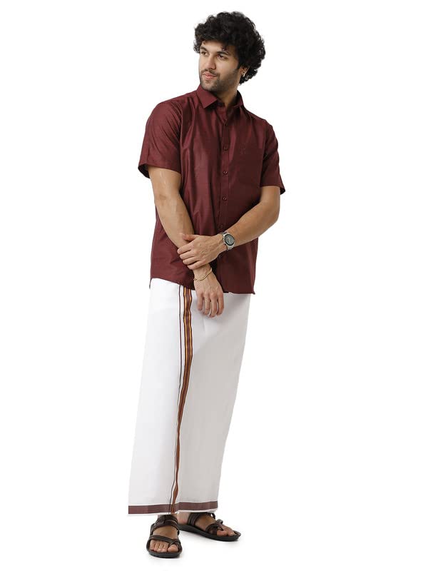 Image of UATHAYAM Divine Maroon Cotton Regular Fit Solid Half Sleeve Shirt And Dhoti Set