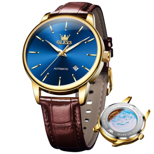 OLEVS Men's Automatic Watches Blue Face Brown Leather Waterproof Date - image 1