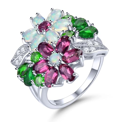 Women Rings for Womens S925 Sterling Silver Setting Natural Gemstone Rhodolite Garnet Opal Chrome Diopside Birthstone Promise Ring Cubic Zirconia Fine Jewelry