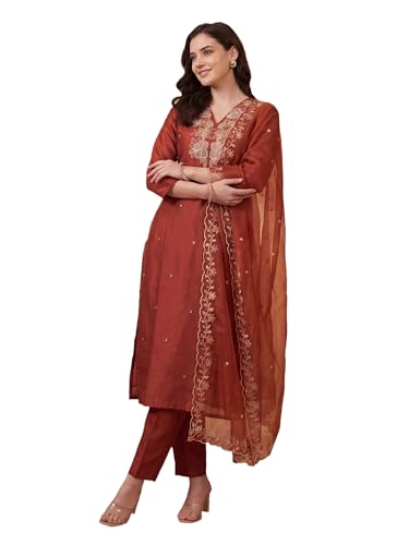 Image of INDO ERA Women's Silk Blend Floral Embroidered Thread Work Kurta & Pant with Dupatta Set (IEBBAI438)