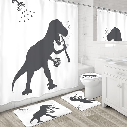 Image of 4PCS Dinosaur 71Wx71H Inches Funny Animal Dino Silhouette Shadow Kids Shower Curtain Sets with Rugs,Toilet Lid Cover and Bath Mat,for Boys Bath Accessories Art Home Decor Fabric 12 Pack Hooks