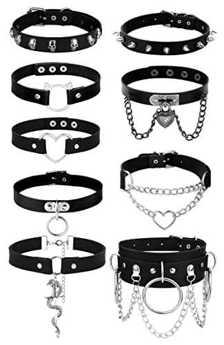 HAIAISO 6-9pcs Leather Punk Goth Choker Necklace with Love Heart Spikes, Adjustable Pu Collar for Women