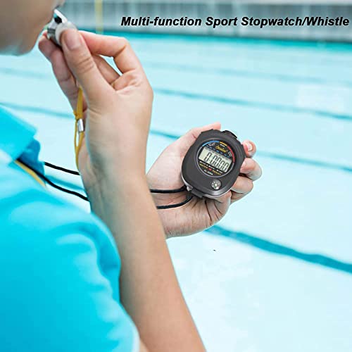 غوودرن ساعة توقيت احترافية من قطعتين مع صفارة من الستانلس ستيل - مؤقت رياضي رقمي مقاوم للماء، ساعة توقف محمولة باليد مع وظيفة التاريخ والوقت والتنبيه، مضادة للصدمات للجري والسباحة