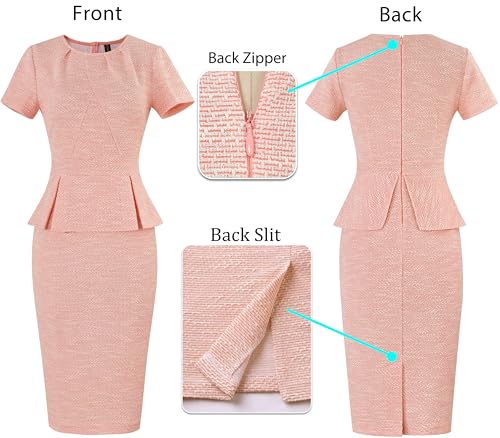 Image of VFSHOW Womens Pleated Crew Neck Peplum Work Business Office Church Bodycon Pencil Sheath Dress