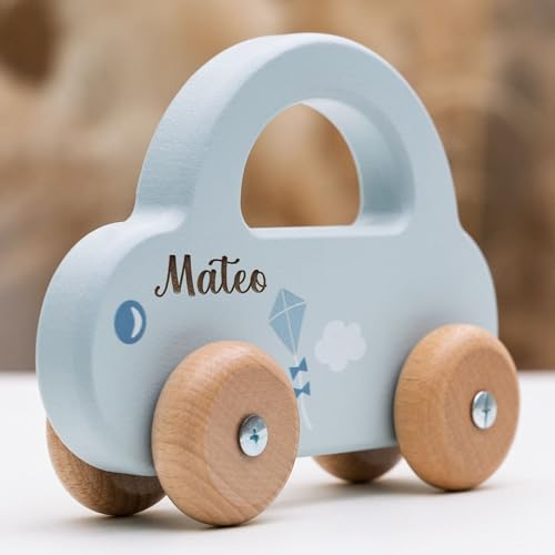 minipishop® Baby Geschenk personalisiert Junge Spielzeug Holzauto Blau I Erstes Auto mit Namen als Geschenkidee zur Geburt Holzspielzeug ab 1 Jahr