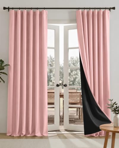RYB HOME 100% Blackout Pink Curtains for Girls Bedroom, 2 Panels Blackout Thermal Insulated Noise Reducing Window Drapes for Kids Baby Room Living Room, 52 inches Wide by 84 inches Long