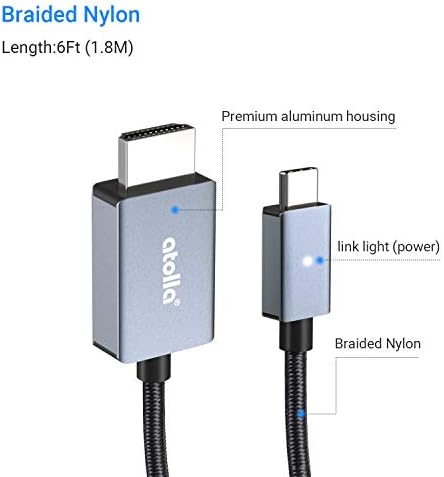 USB C to HDMI Cable, atolla USB Type C(Thunderbolt 3) to HDMI 4K UHD Cable Compatible with MacBook Pro, MacBook Air, iPad Pro, Surface Pro 7, Samsung S20/S20 Pro, DELL XPS and More - 6ft/1.8m