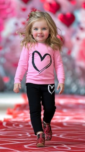 Image of Girls Valentine's Day Outfit Heart Love Print Sweatshirt Kids Girls Clothes Set