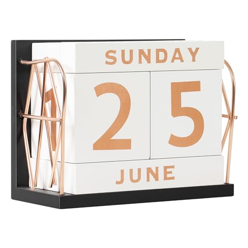 DEERINE Wooden Perpetual Block Calendar for Desk, Rose Gold Daily Desktop Desk Calendar, Modern Farmhouse Aesthetic Desk Accessories for Home Office Decor, Teacher, Classroom, Reusable Yearly