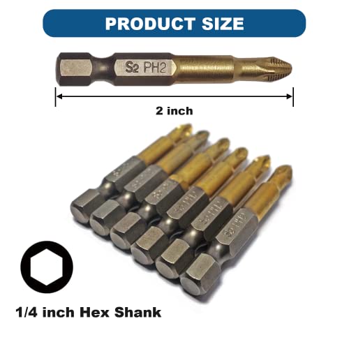 Vesttio Titanium Anti Slip Phillips Cross Slot Ph2#2 Screwdriver Drill Bit Set 10Pcs 1/4 Inch Hex Shank 2 Inch/50 Mm Length S2 Steel With Magnetic For Power Screwdriver Impact Drill Toolkit Accessory #TOP2