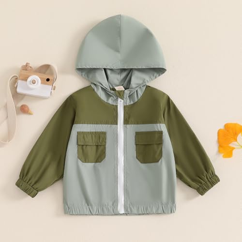 Amnnchya Toddler Baby Boy Fall Winter Jacket Kids Lightweight Windbreaker Outerwear Color Block Hooded Sweatshirt Coat (Green, 12-18 Months)