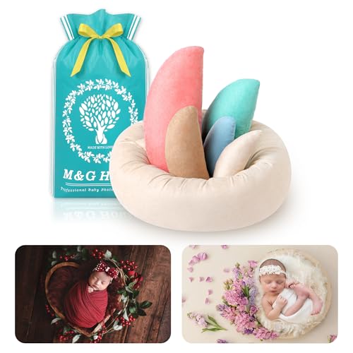 M&G House Newborn Photography Props - 6pcs Baby Photoshoot Props, Adjustable Photography Props Fits 0-6 Months Baby, Ultra-Soft Photo Donut Posing Pillow Basket - Multicolor