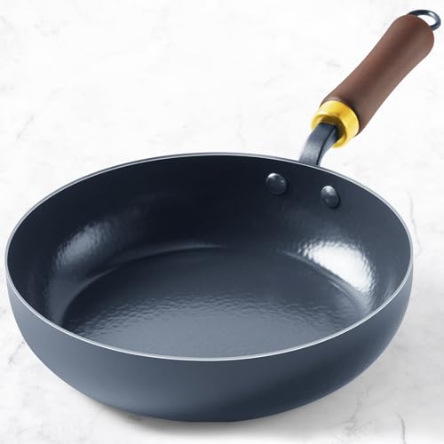 BrBrGo Nonstick Frying Pan, 9.5-Inch Enameled Carbon Steel Pan, Stay-Cool Wooden Handle Stir-Fry Pan, Non Toxic, PTFE & PFOA Free Oven-Safe, Season-Free Carbon Steel Skillet For All Stovetops