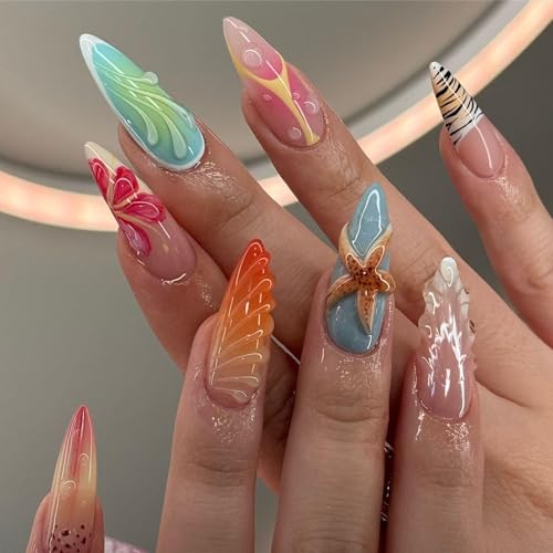 Tropical Beach Press On Nails, 3D Starfish Butterfly Summer Nails,