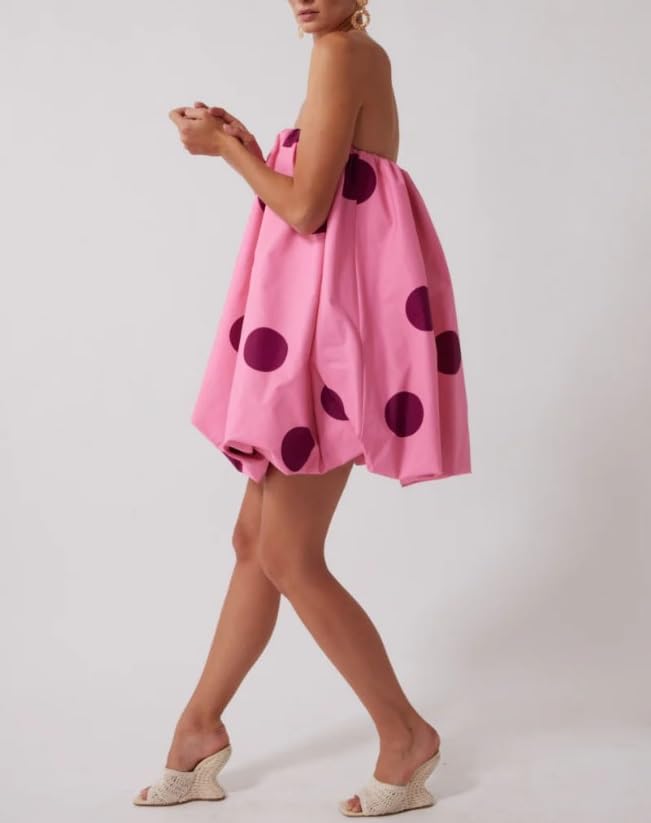 Image of Faretumiya Women Polka Dot Bubble Mini Dress Strapless Flowy Short Tube Dress Off Shoulder Y2k Balloon Dress Party Beach(