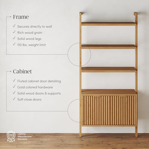 Nathan James Jasper 3-Shelf Solid Wood Boho Bookshelf, Wall Mounted Bookshelf with Cabinet with Fluted Doors, Natural Brown - Image 5