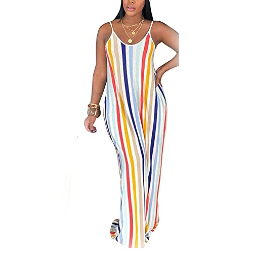 Image of BFFBABY Womens Summer Suspender Maxi Dress Plus Size Striped Printed Sleeveless with Pockets and Belt
