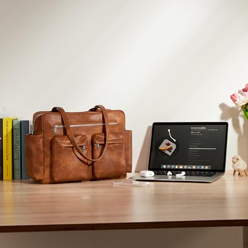 Image of KALIDI Tote Bag Vegan Leather Women Pocket Utility Bag Faux Leather Shoulder Travel Purse Vintage Handbag for Work