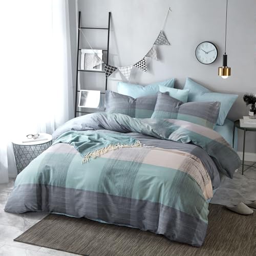 Image of VM VOUGEMARKET Blue Patchwork Duvet Cover Set Queen Multi-Dimensional Design Modern Bedding Set Plaid Mint Green with Stripes Soft Cotton Comforter Cover with Zipper Closure-No Filling