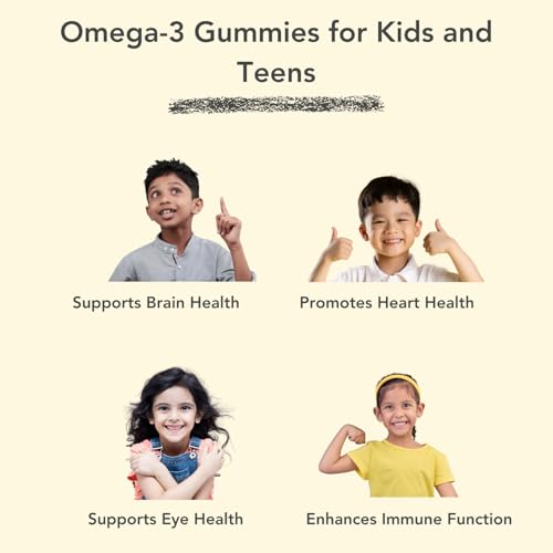 Image of Junior Omega 3 Kids Gummies (4+ Years), Supports Brain Development, Memory, Focus & Immunity, DHA Omega 3 Supplement for Kids, 100% Veg (Natural Strawberry Flavour, 90 Gummies)