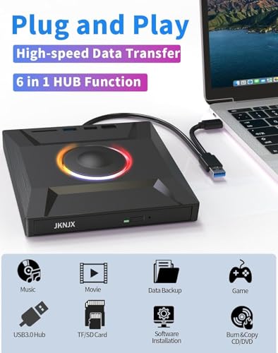 Image of External CD DVD Drive,7 in 1 USB 3.0 and Type-C CD Burner Player Writer with 2 USB Ports and 1 TF /SD Card Slots,Portable Slim Optical Disk Driver for Laptop Mac PC Windows Linux OS