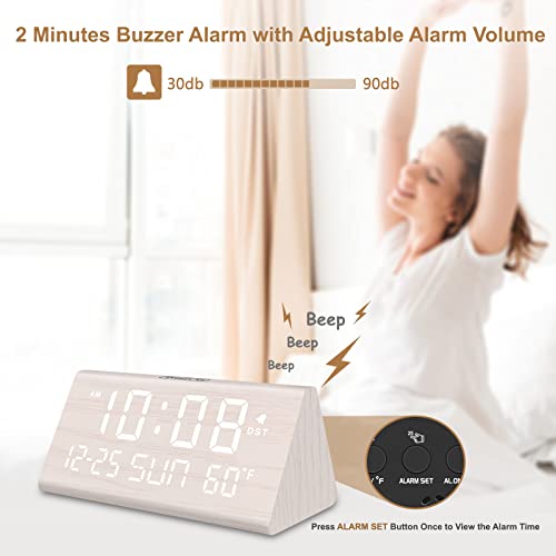 Image of DreamSky Digital Alarm Clock for Bedrooms - Wooden Desk Clock with Date | Day of Week, USB Port, Temperature, Dimmer for Bedside Table, Living Room, Office, Adjustable Volume, Auto DST, Wood Decor