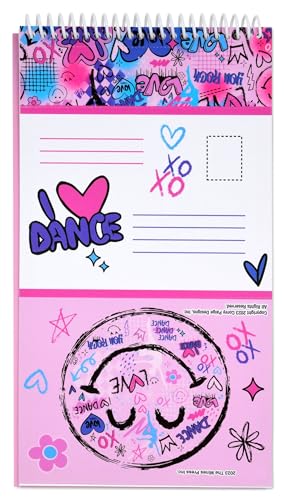 Image of iscream + Corey Paige Designs Fold and Send Girls Stationery - Love Dance | 40 Pack, Fun Print, Spiral Bound, Large 10.5 inch x 5.75 inch Cards, Coordinating Sticker Sheets, Fold and Send, Summer Camp Ready
