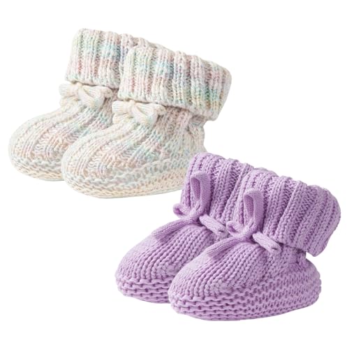 Fangool Newborn Shoes | Soft Knitted Baby Booties | A Gentle Hug for Tiny Feet | Warm, Cozy & Lightweight Infant Shoes for Boys & Girls (Purple & Iridescent Satin, 0-6 Months)