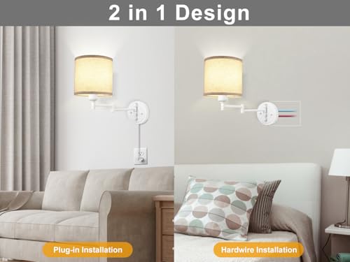 Image of GOODATE Plug in Wall Sconces with Remote Control, Dimming, Adjustable Colors 2700K-6500K, Hardwire or Plug-in, Swing Arm Wall Lamp with Linen Fabric Shade, Wall Sconces Set of Two, White Finish