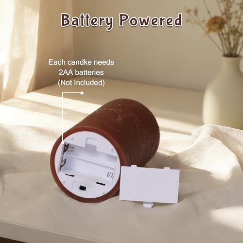 Image of Flameless Pillar Candles with Remote, Real Wax Battery Operated Decorative Candles, Brown Home Decor for Table, Fireplace Mantle, Entryway, Set of 4