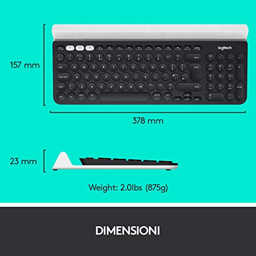 Logitech K780 Tastiera Wireless ‎‎2.4 GHz e Bluetooth Multidispositivo per Windows, Apple, Android o Chrome, PC/Mac/Laptop/Smartphone/Tablet, Layout Italiano QWERTY, Grigio ‎Scuro/Bianco