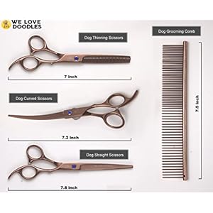 Dog Grooming Scissors Kit – Best Tools For Goldendoodles, Poodles & Doodles – Straight, Curved & Thinning Shears – Golden Doodle Grooming Kit – Professional Grade Steel, 4 Pc Set [We Love Doodles]