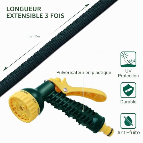 HERZO Tuyau d'arrosage Extensible Tuyau magique expansible flexible avec pistolet d'arrosage multifonctionnel à 7 réglages (15m) – vue 7