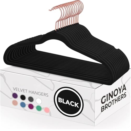 Image of Ginoya brothers Velvet Hangers,Non Slip Notched with Rose Gold Hook Coat /Suit Hangers,Space Saving 360 Degree Swivel Hook Clothes Hangers Wardrobe Hanger. (Black, 10)