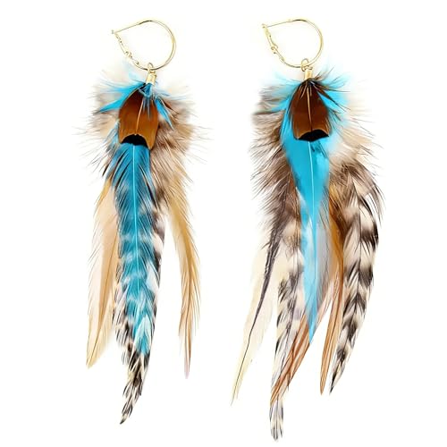 FRESHME Boho Indian Feather Earrings - Native American Jewelry for Women Multicolor Vintage Western Ethnic Dangle Earring for Party Photoshoot Music Festival