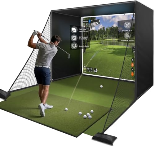 Golf Simulator Enclosure Net 10 X 8 Ft Golf Sim Net Kit with Premium Triple Layer Impact Screen Foam Padding Frame Pipes Side Barrier Netting & Lightproof Cloth Indoor Garage Practice Equipment