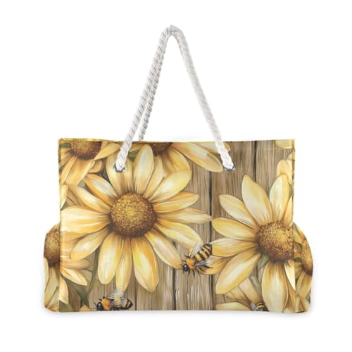 susiyo Large Yellow Daisies Bees Beach Bags for Women Large Travel Tote Bag Waterproof Sandproof Lightweight Swim Pool Bag for Family Outdoor2