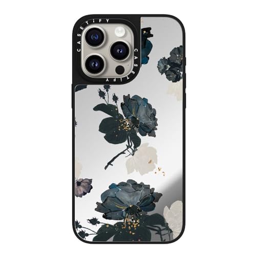 CASETiFY Magsafe �Ή��~���[ iPhone 15 Pro Max �P�[�X [���ː� / 1.5m����̗����������N���A / Magsafe �ɑΉ�] - White and Black Floral - �V���o�[ (�u���b�N�o���p�[)