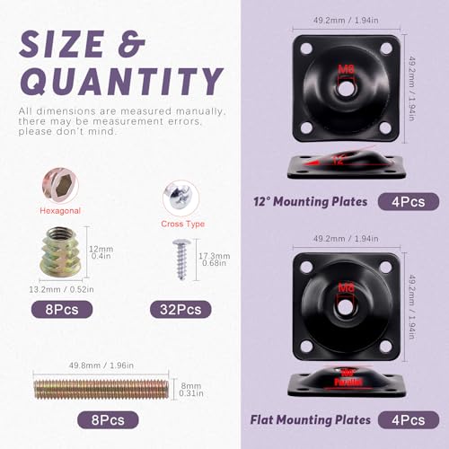 Swpeet 8 Sets Black 12 Degree + Flat Angled Leg Mounting Plates with Hanger Bolts Screws - Image 2