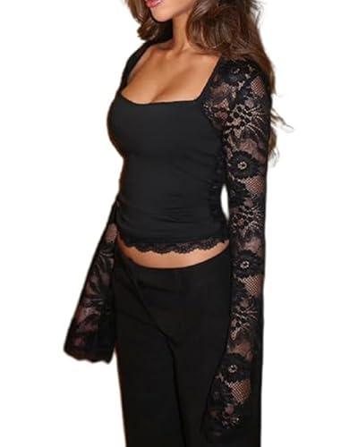 Damen-T-Shirt mit Spitzenbesatz und quadratischem Ausschnitt, Y2K, lange Glockenärmel, schmal geschnitten, Basic-Crop-Top-Bluse, Fee-Ästhetik, T-Shirts, Streetwear, B-schwarz, S