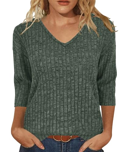 JomeDesign Womens Sweaters V Neck 3/4 Sleeve Shirts Dressy Casual Blouses Loose Fit Tunic Tops Fall Fashion