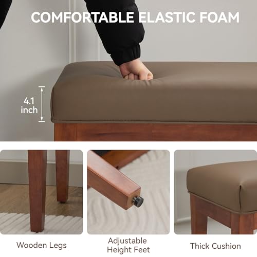 Image of WUTUTUEE 43.5'' Faux Leather Bedroom Bench, Upholstered End of Bed Bench, Padded Vintage Dining Bench, Entryway Bench with Solid Wood Legs, Kitchen, Living Room, Hallway, Brown