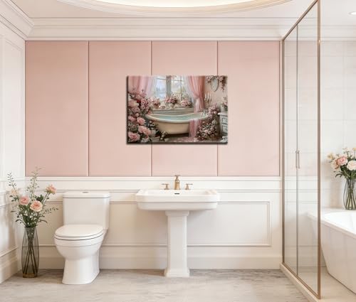 Image of Frimeeme Vintage Pink Roses Bathtub Floral Framed Canvas Wall Art 16x24