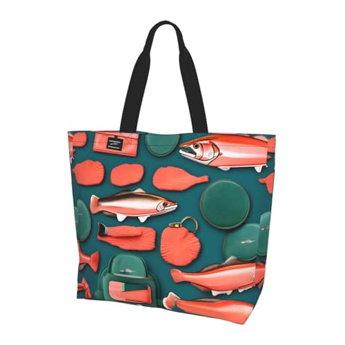 TTIGLHOH Bolso de mano para mujer con estampado de salmón, bolsa de hombro reutilizable, bolsos grandes para el trabajo, la escuela, las compras y las actividades al aire libre