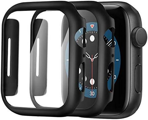 for Apple Watch 44mm Tempered Glass Screen Protector Series 4/5/6/ Se [2 Pack] [Full Coverage] Bumper Hard Case [with Screen Protector Built-in] Overall Protective Cover-Black
