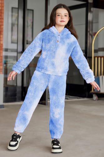 Image of Arshiner Girls 2 Piece Outfits Fuzzy Sweatsuits Hoodie and Sweatpant Sets | Fuzzy Sweatsuits Set,Fall Winter Tracksuit,Long Sleeve Bear Ear Hoodie,Sweatpant with Pcokets,Clothing Set