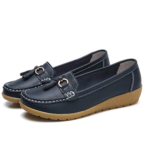 Image of Women Loafers Leather Rubber Sole Slip On Walking Flats Casual Moccasin Boat Shoes